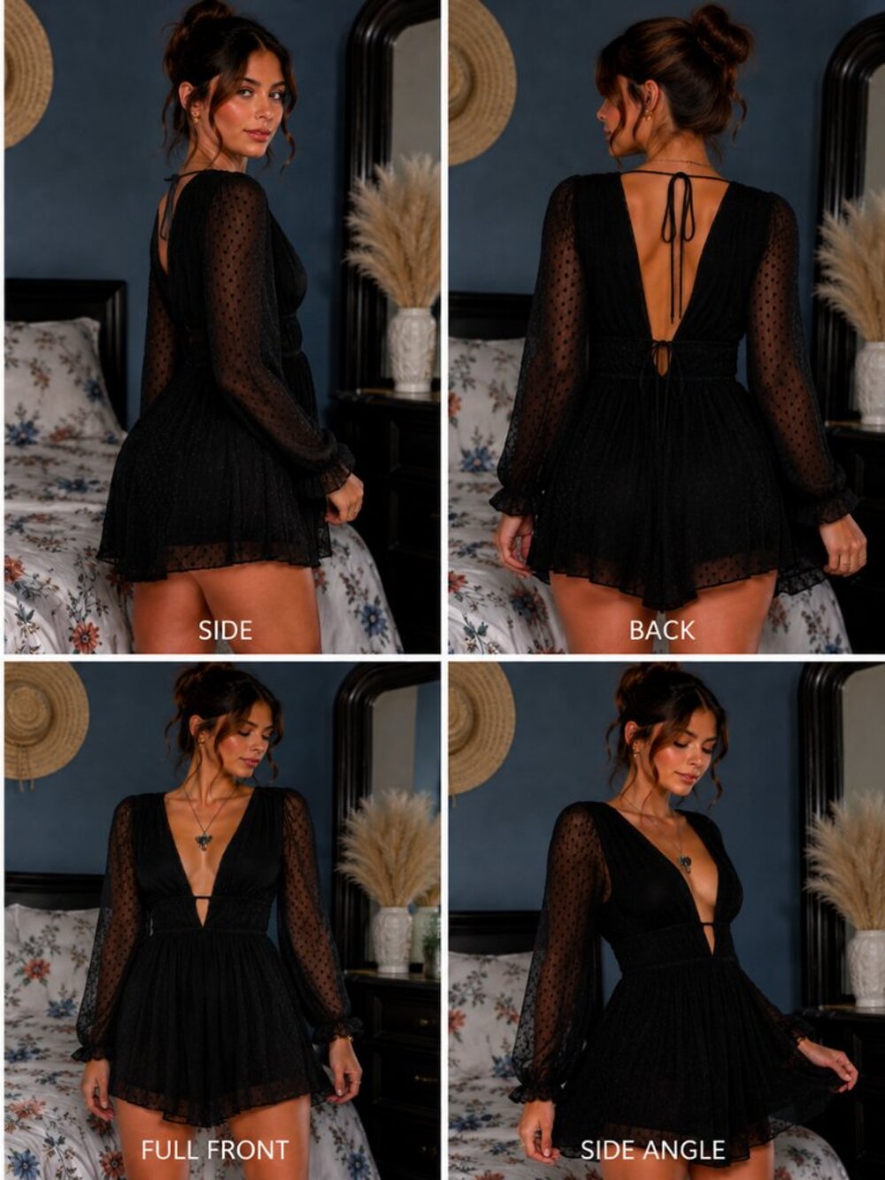 Lulus Black Swiss Dot Mesh Deep Plunge Open Back Long Sleeve Mini Dress M - Picture 2 of 9